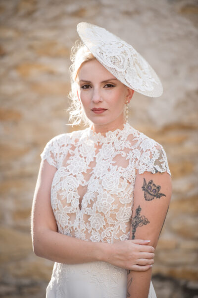 Bride wearing a lace hat