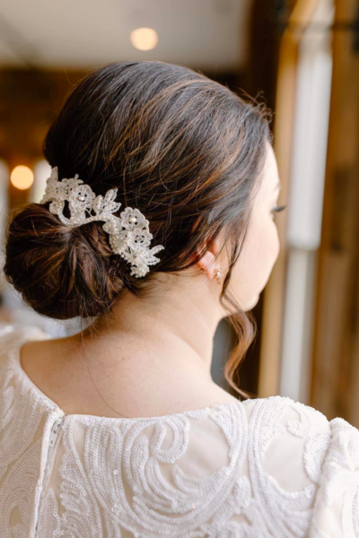 bride wearing a refashioned lace headpiece