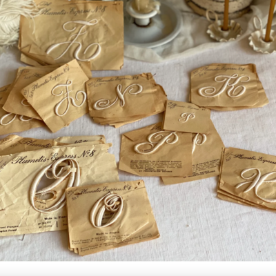vintage silk appliqué letters in ivory