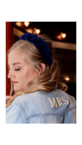 bride wearing a MRS denim jacket & a navy blue headband - Eclectic Bridal Style