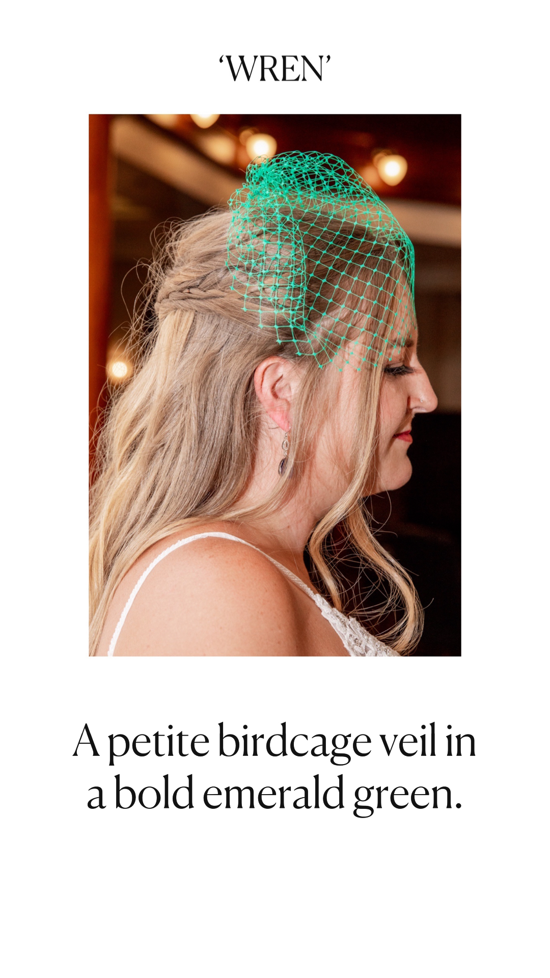 bride wearing an emerald green birdcage veil