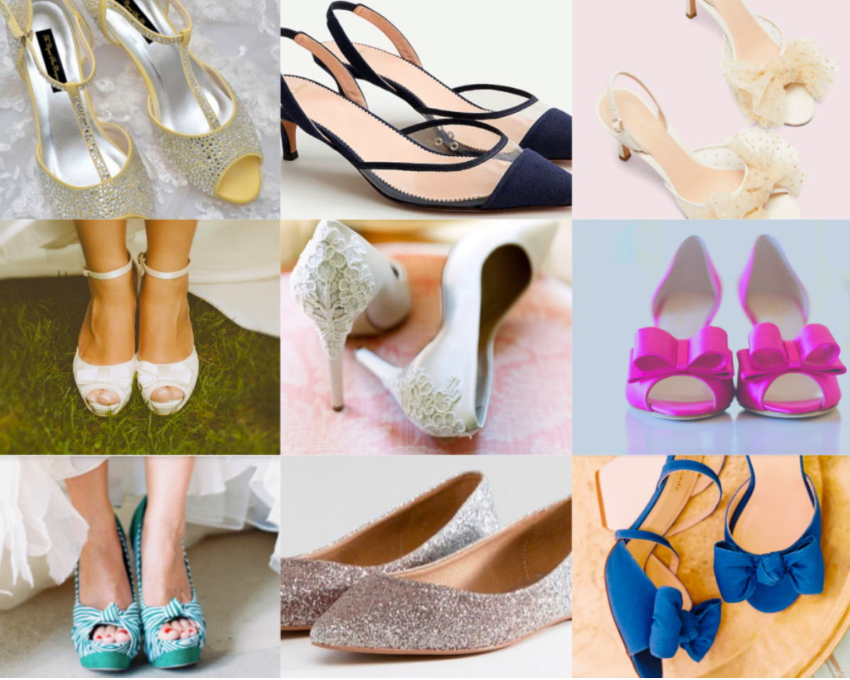 Collage of 9 pairs of bridal shoes