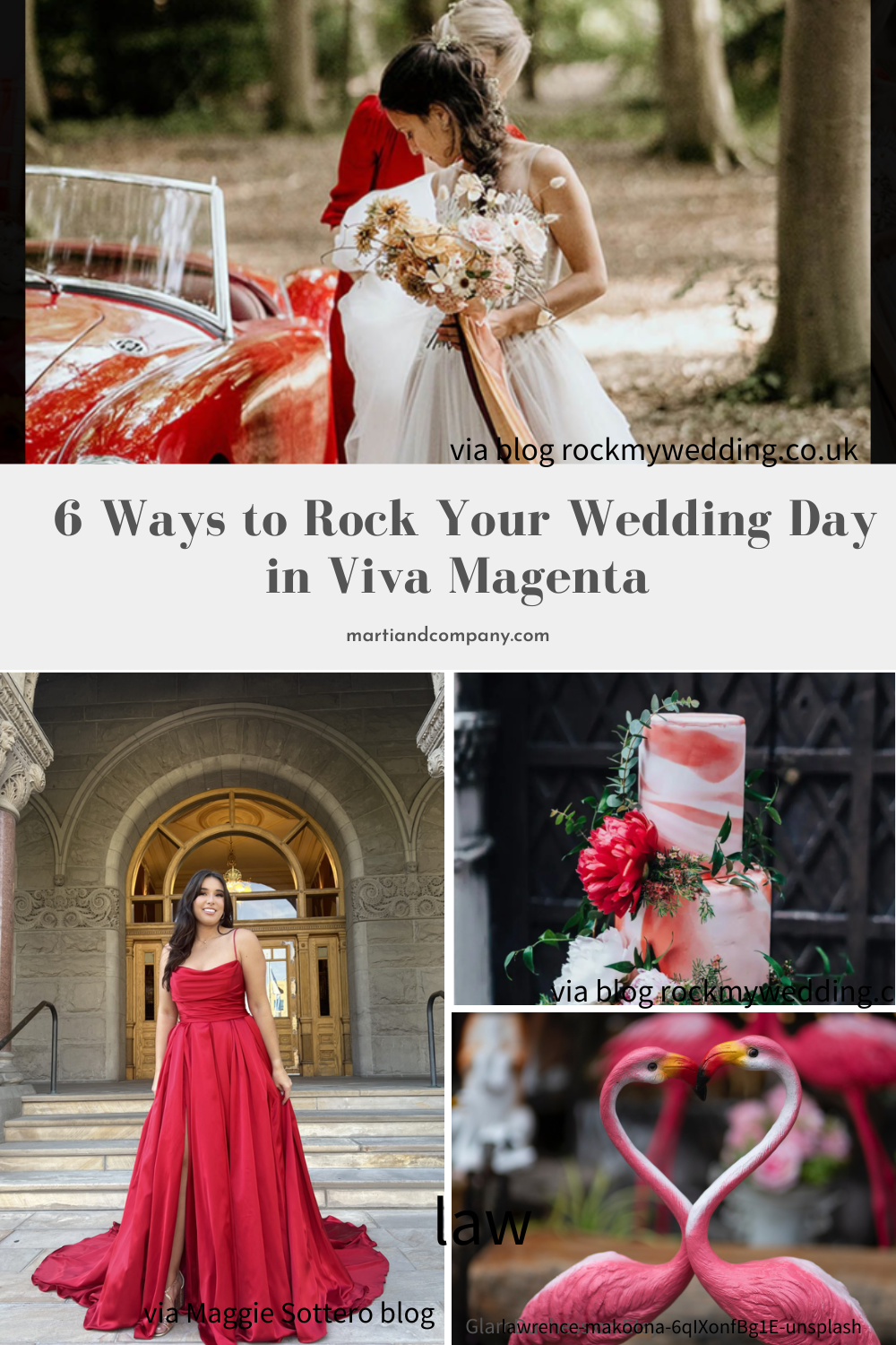 photo collage of magenta wedding dress, cake, bouquet and flamingos