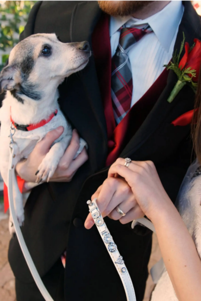 bridal couple holding dog wearing a leash emblazon with I Do Too in rhinestones