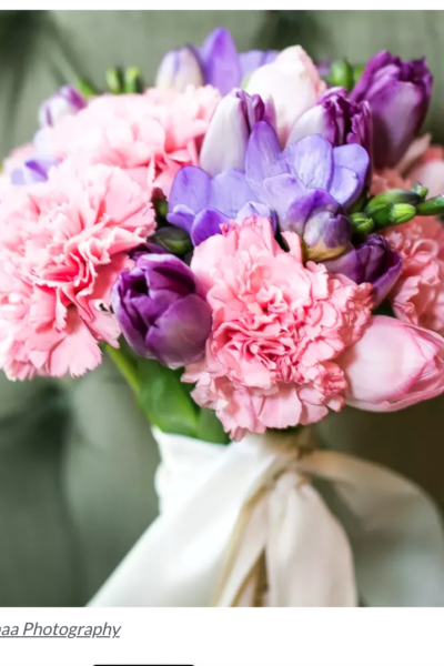 bridal bouquet of pink, purple and blush tulips & carnations