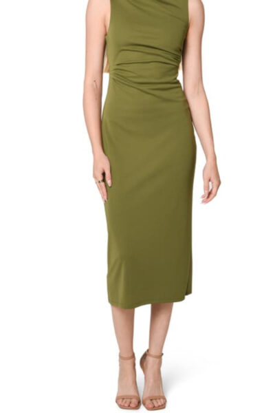 woman wearing olive color dress