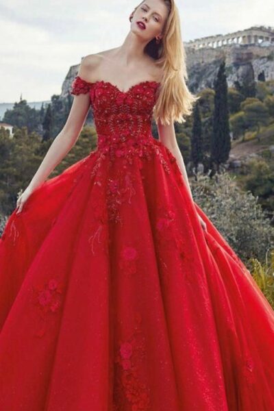 red wedding gown with 3D florals