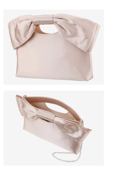 Blush pink clutch with bow detail and chain strap