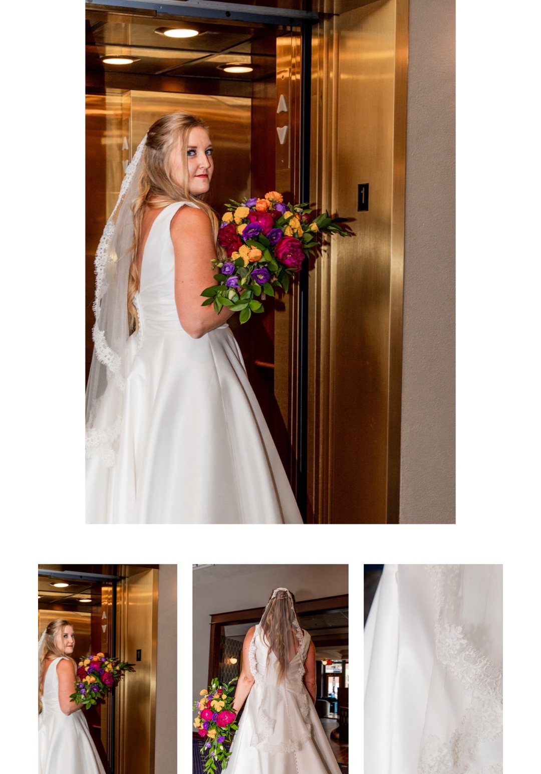 collage of mantilla veil on Bride